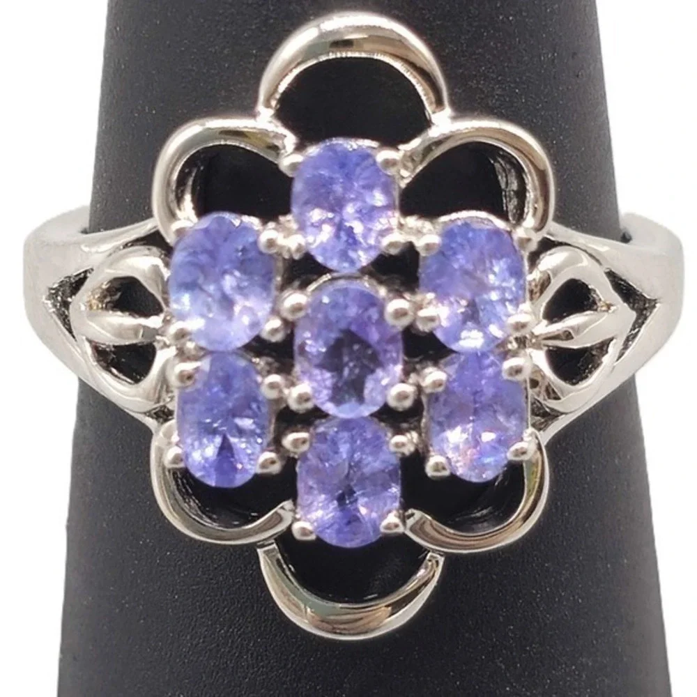 .925 SILVER TANZANITE CLUSTER FLORAL RING SIZE 7.25 3.9G (GNH022781)
